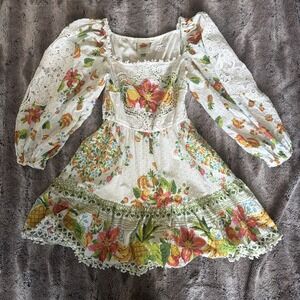 Farm Rio tropical romance scarf mini dress M Medium White Floral Lace $260
